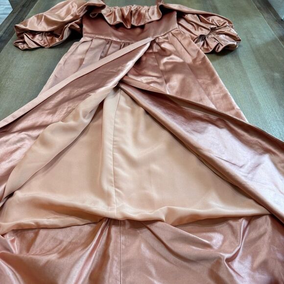 Ulla Johnson Metalic Satin Midi Dress 00 Copper Tulip Hem Off Shoulder New Money - Picture 9 of 16